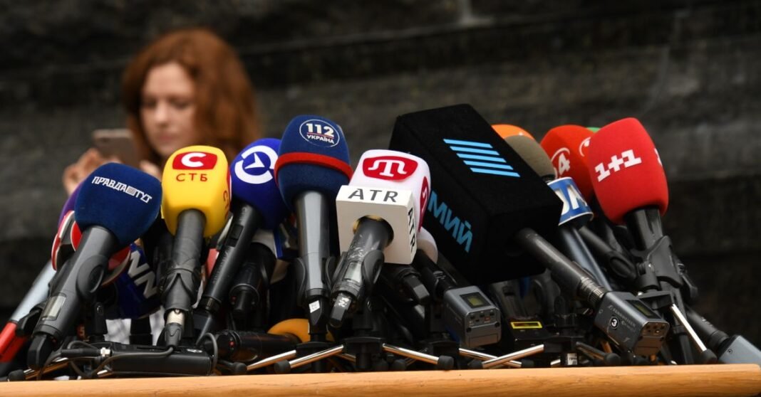 Various microphones setup at a press conference in Kyiv, Ukraine.