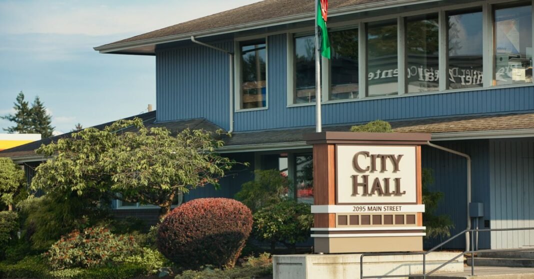 View of Ferndale City Hall on Main Street, showcasing its architectural design and surrounding landscape.