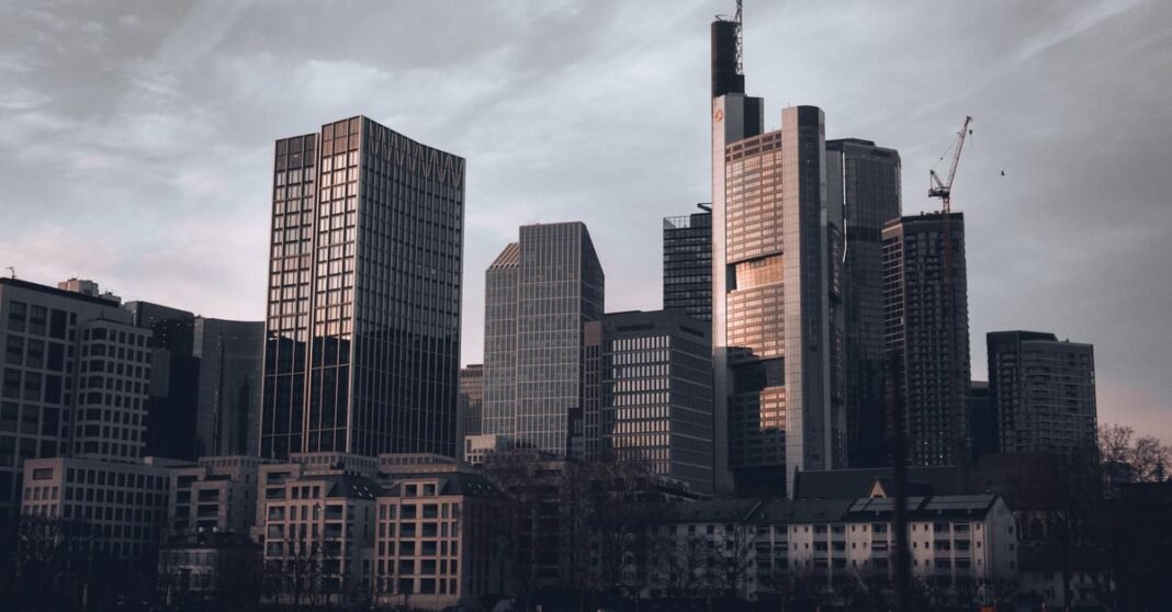 Stunning cityscape of Frankfurt am Main skyline at dusk with modern skyscrapers.
