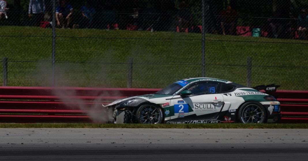A damaged race car after crashing into barriers at a racing event in Lexington, Ohio.
