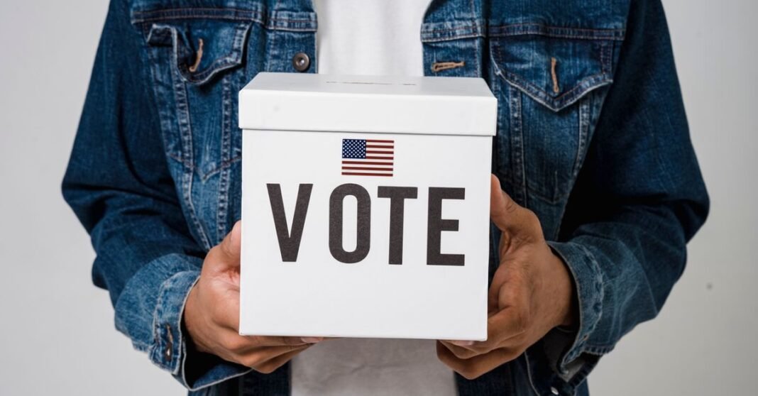 Person in denim holding a ballot box with a US flag, emphasizing voting rights.