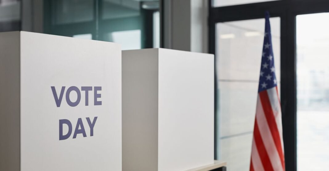Voting booth setup with American flag, symbolizing election day.