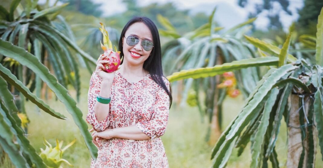Woman holding dragon fruit in a lush plantation wearing a printed dress and sunglasses.