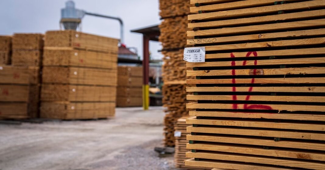 Wooden planks neatly stacked in an outdoor lumber yard, ready for shipment.