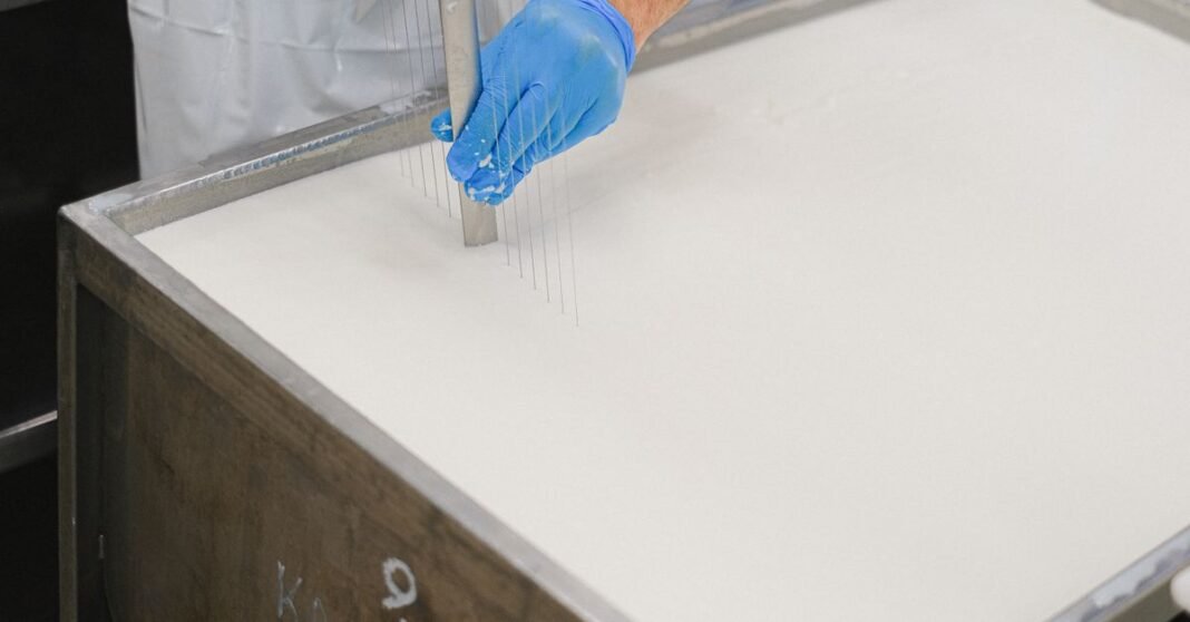Worker using a tool in cheese production at a dairy, showcasing detailed cheese-making process.